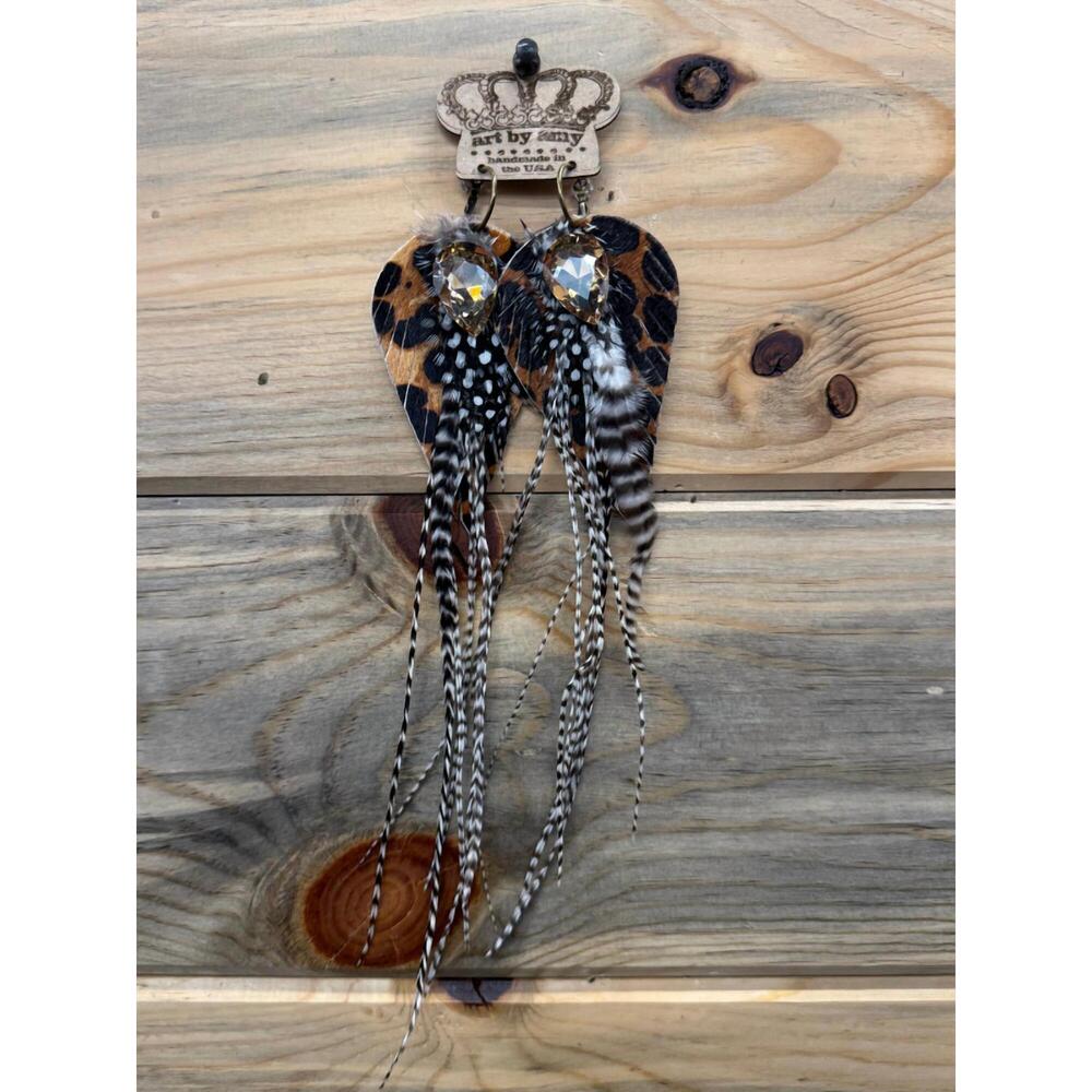 NEW ART BY AMY LABBE women's cheetah feathered leather earrings in brown